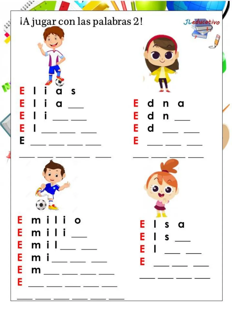 Vowel E names: students rebuild Elias, Edna, Emilio and Elsa, adding one more missing letter on each line down the page