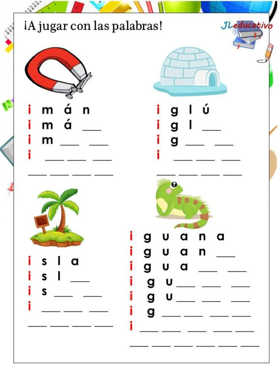 Vowel I word building: students fill in imán, iglú, isla and iguana letter by letter under each matching picture