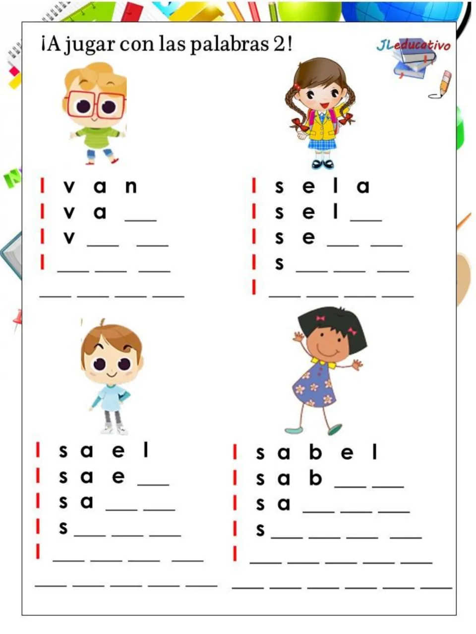 Vowel I names: students complete Ivan, Isela, Isael and Isabel by writing the missing letters, then the whole name