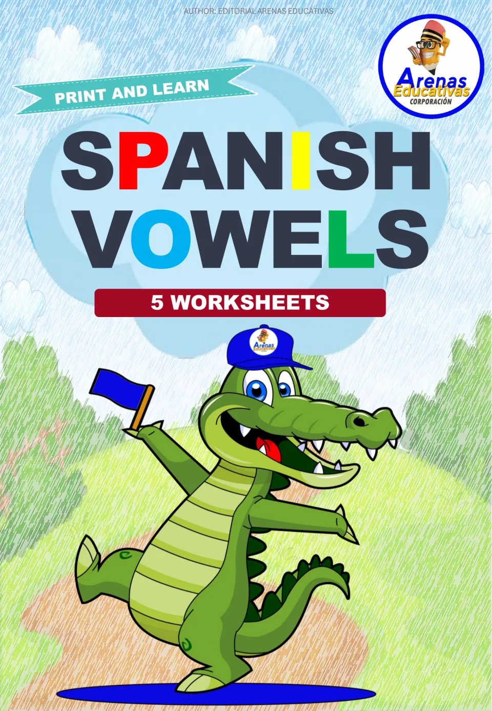 Cover of Spanish Vowels, identifying the resource as five worksheets under the heading 'Print and Learn'.