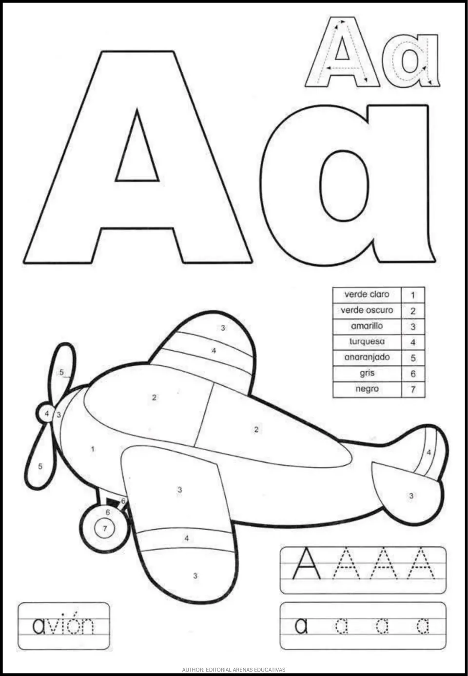 Spanish vowel A worksheet: uppercase and lowercase tracing, avión (airplane), and an airplane to color by number.