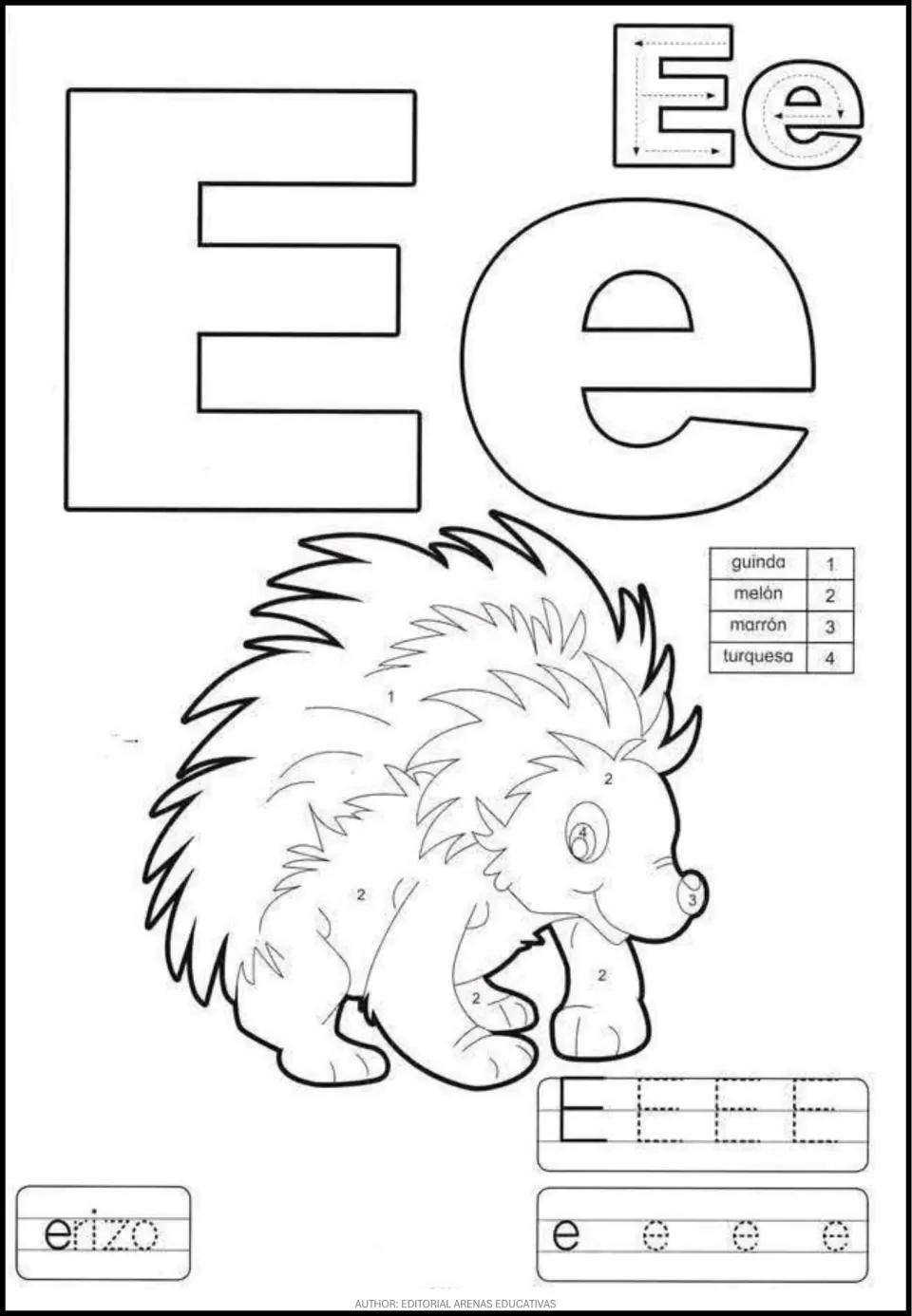 Spanish vowel E worksheet: uppercase and lowercase tracing, erizo (hedgehog), and a hedgehog to color by number.