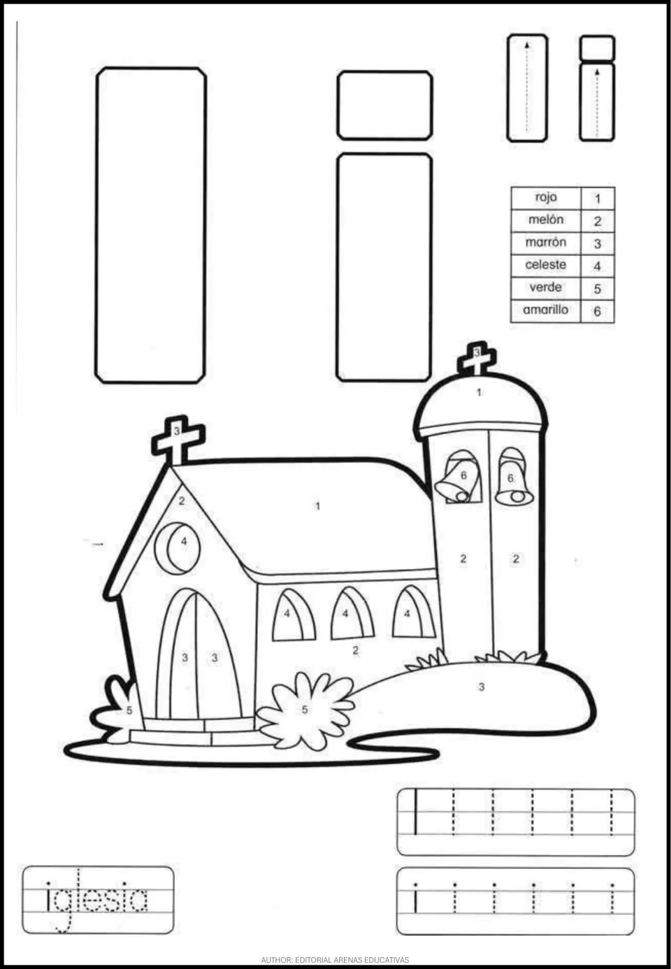 Spanish vowel I worksheet: uppercase and lowercase tracing, iglesia (church), and a church to color by number.