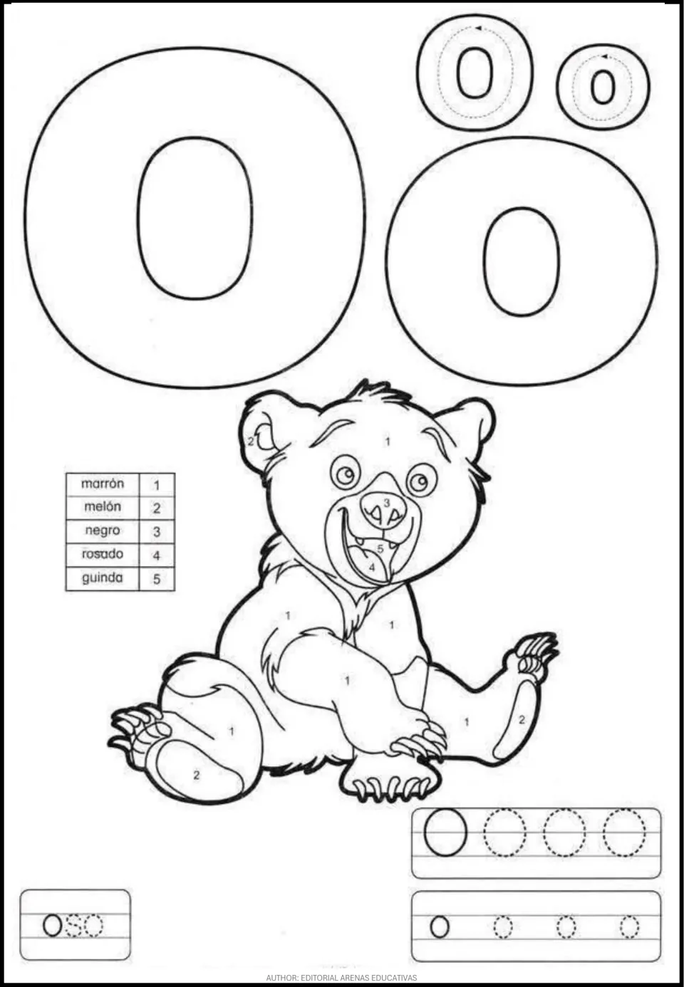 Spanish vowel O worksheet: uppercase and lowercase tracing, oso (bear), and a bear to color by number.