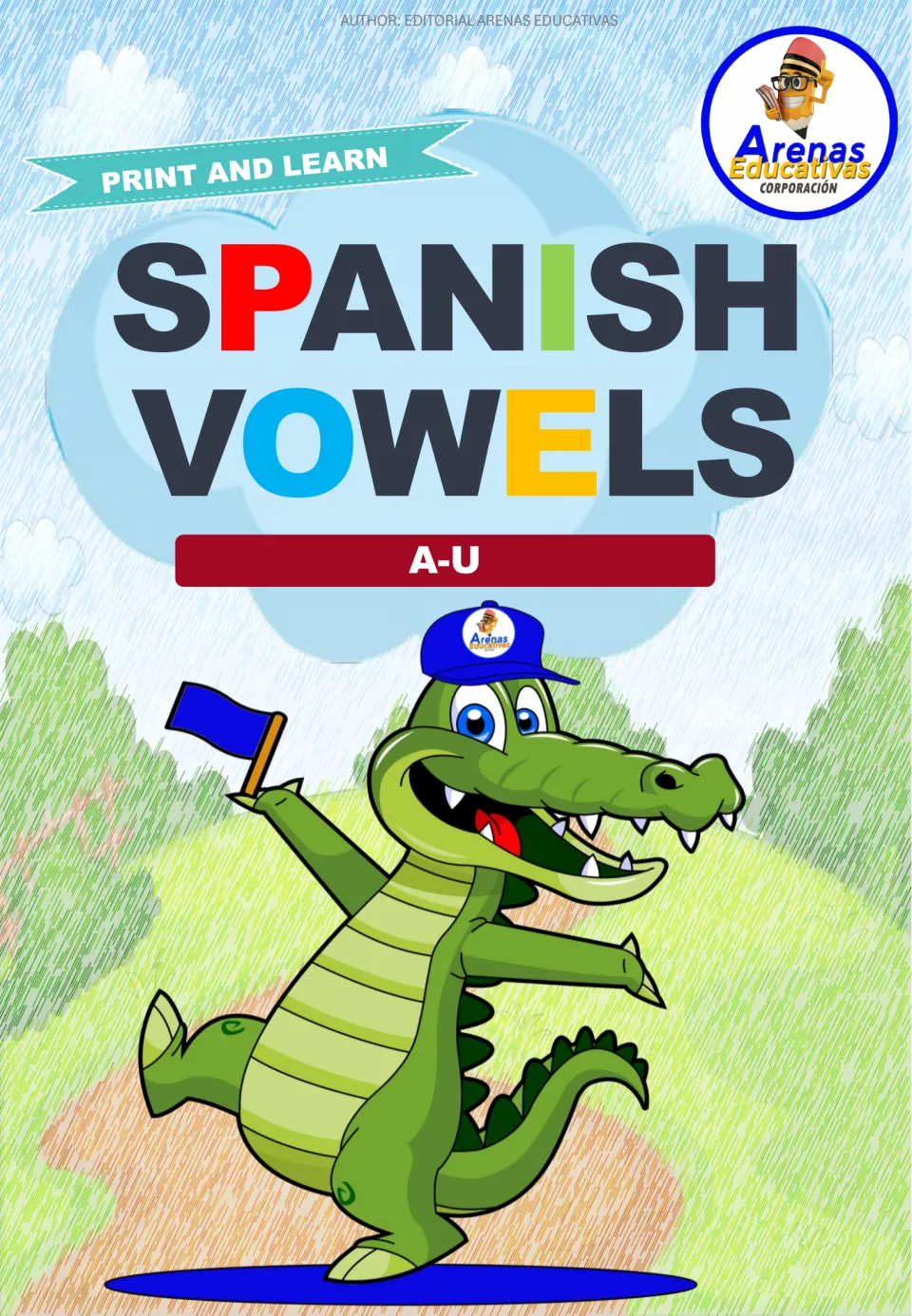 Cover of the Spanish vowel cut-out resource, headed 'Spanish Vowels' and 'A-U', with 'Print and Learn'