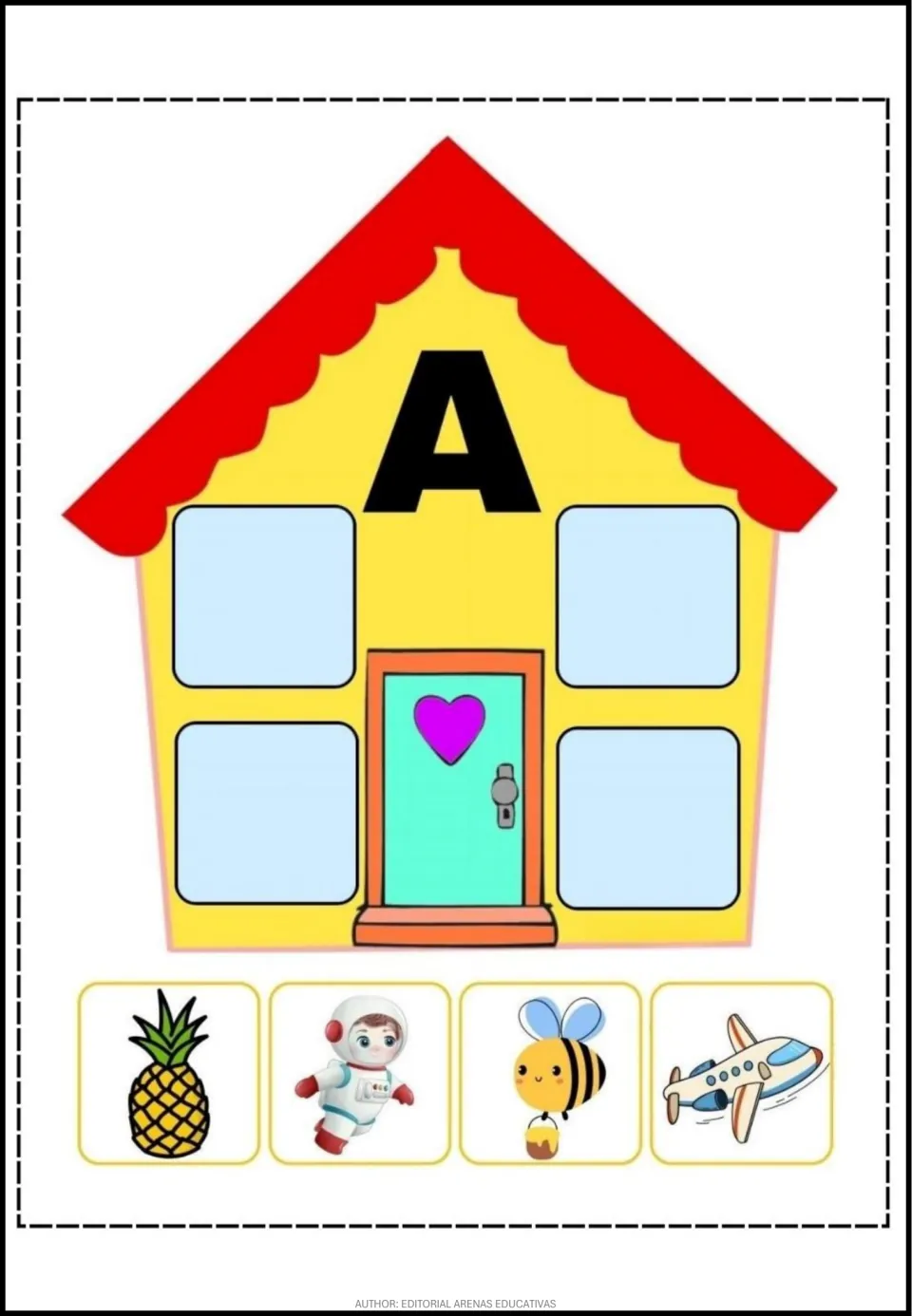 Spanish vowel A cut-out activity sheet featuring a letter A house and pineapple, astronaut, bee, and airplane