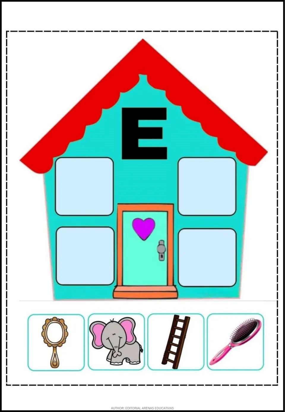 Spanish vowel E cut-out activity sheet featuring a letter E house and mirror, elephant, ladder, and hairbrush