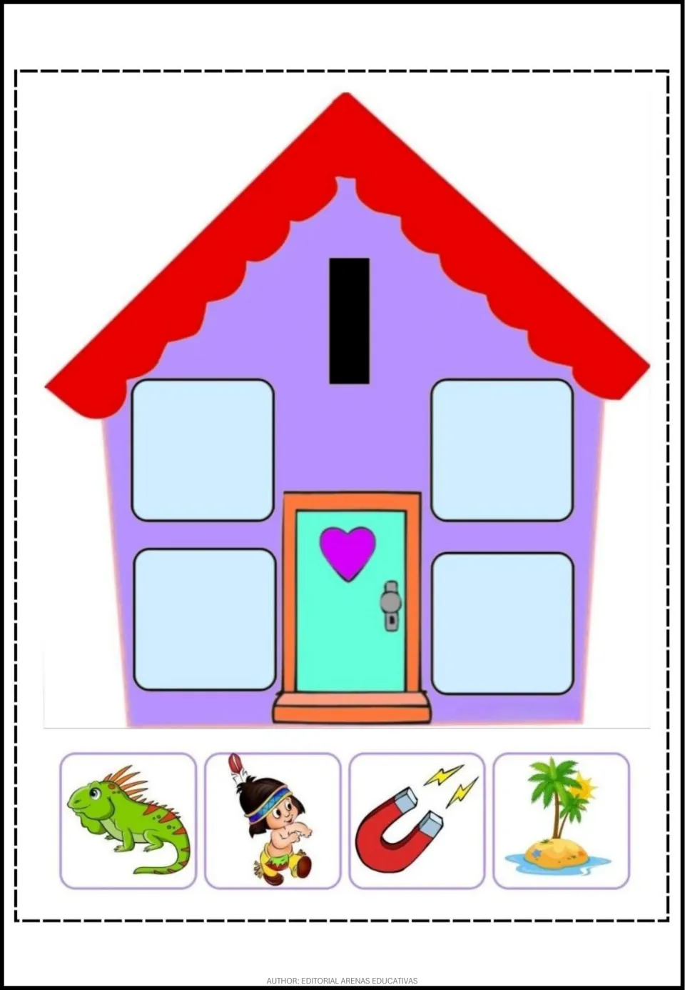 Spanish vowel I cut-out sheet: letter I house, iguana, child wearing a feather headband, magnet, and island
