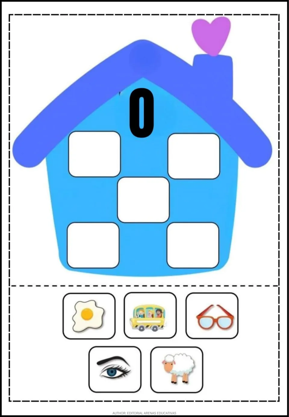 Spanish vowel O cut-out activity sheet featuring a letter O house and fried egg, bus, glasses, eye, and sheep