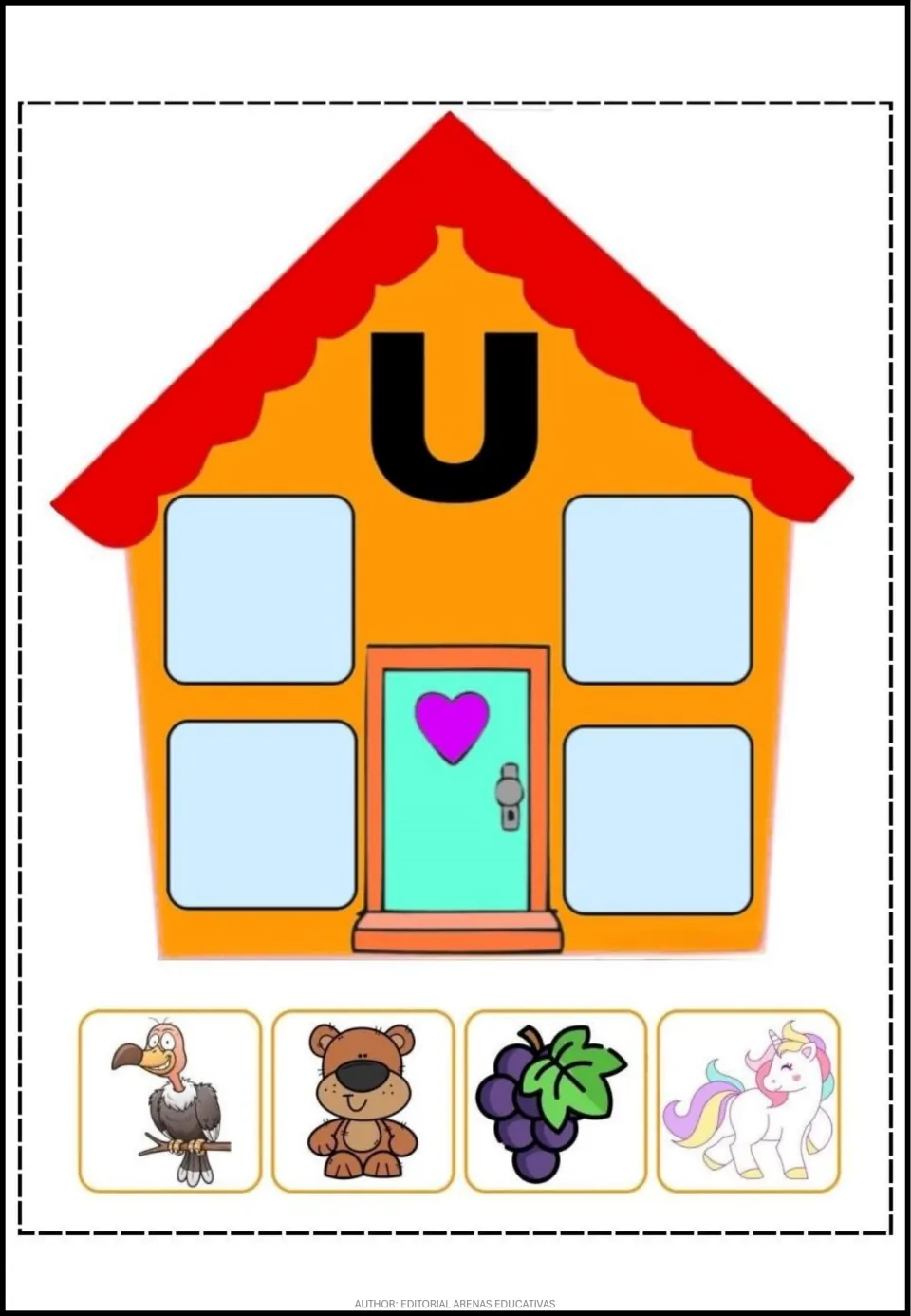 Spanish vowel U cut-out activity sheet featuring a letter U house and vulture, bear, grapes, and unicorn