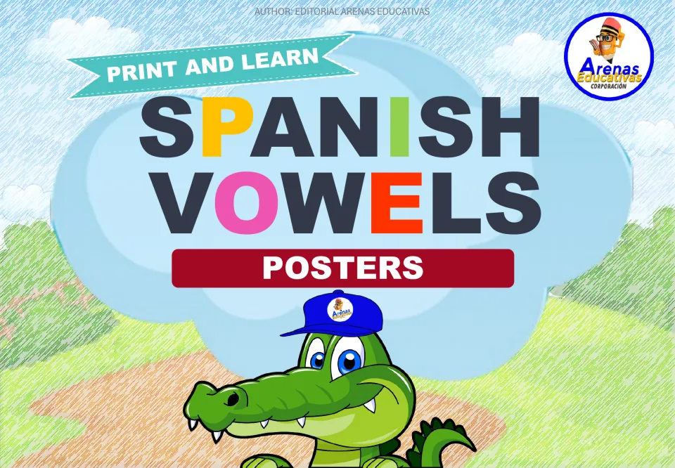 Cover of Spanish Vowels Posters, a set of five vowel coloring pages, with the heading 'Print and Learn'