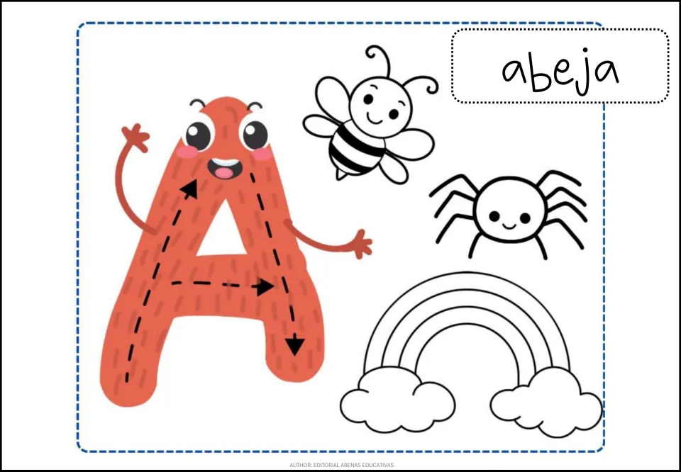 Spanish vowel A coloring poster with letter formation arrows, abeja (bee), and spider and rainbow pictures