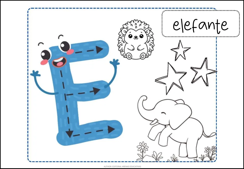 Spanish vowel E coloring poster with letter formation arrows, elefante (elephant), and hedgehog and star pictures