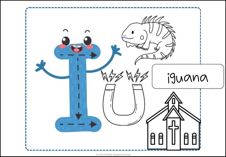 Spanish vowel I coloring poster with letter formation arrows, iguana (iguana), and magnet and church pictures