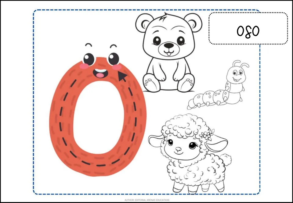 Spanish vowel O coloring poster with letter formation arrows, oso (bear), and caterpillar and sheep pictures