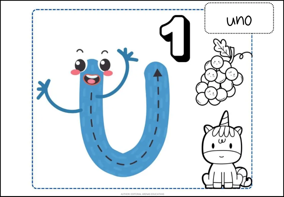 Spanish vowel U coloring poster with letter formation arrows, uno (one), and grape and unicorn pictures