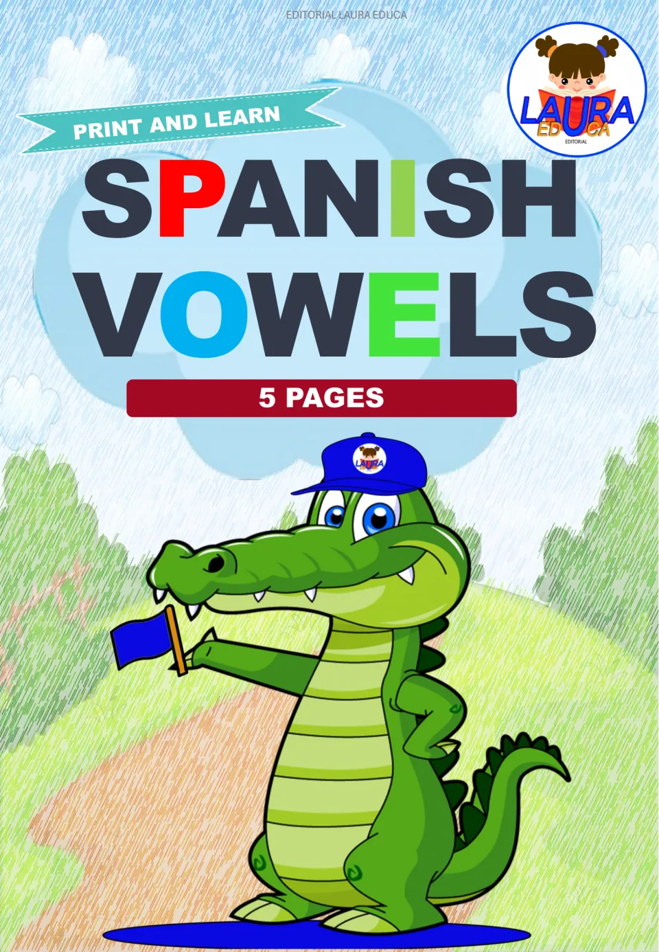Cover of the Spanish vowel tracing and coloring resource, labeled 'Print and Learn' and '5 Pages'