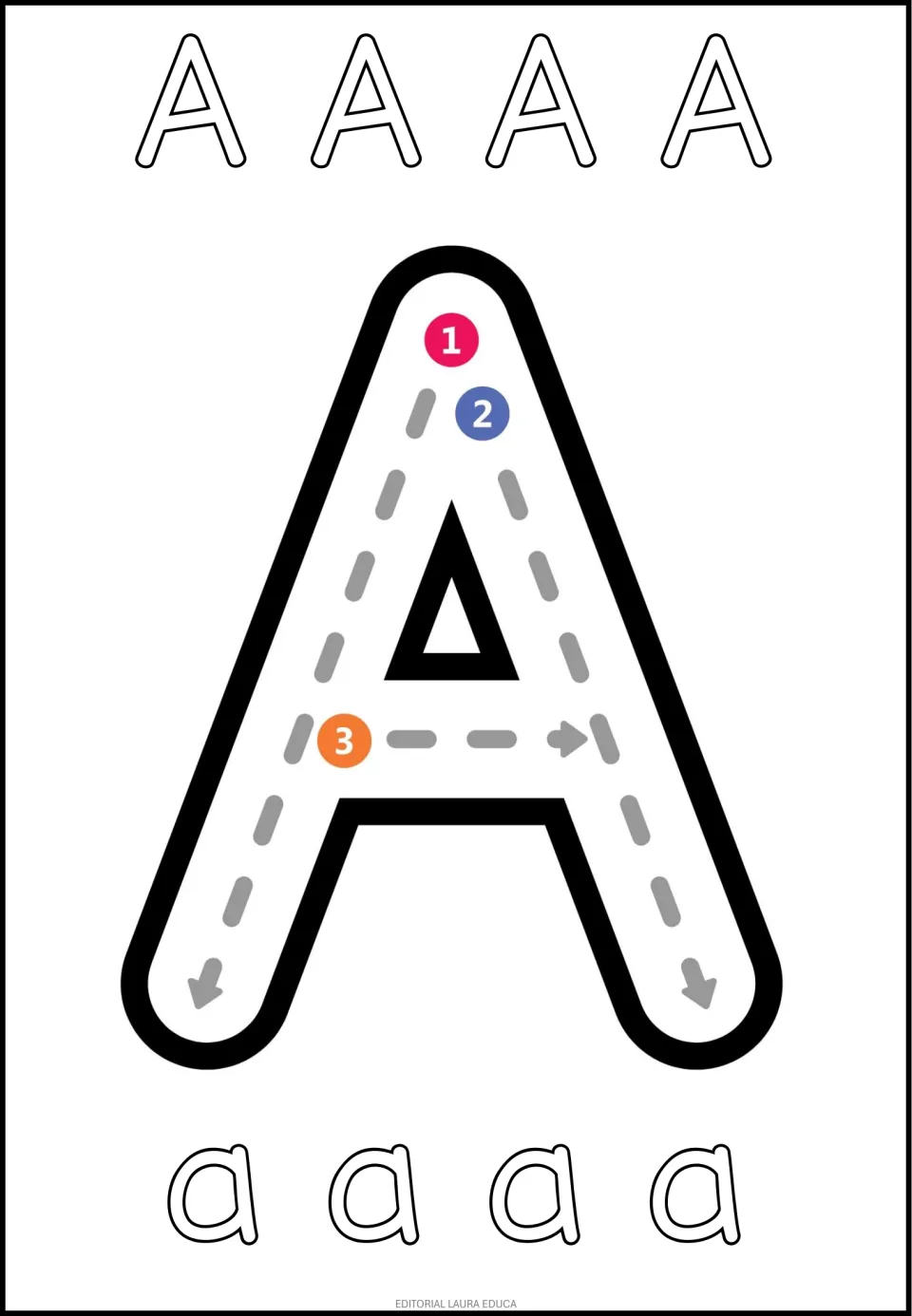 Spanish vowel A tracing and coloring sheet: large uppercase A with three numbered strokes and smaller A and a