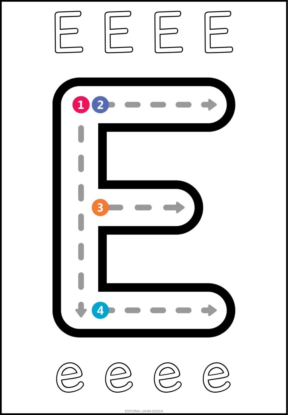 Spanish vowel E tracing and coloring sheet: large uppercase E with four numbered strokes and smaller E and e