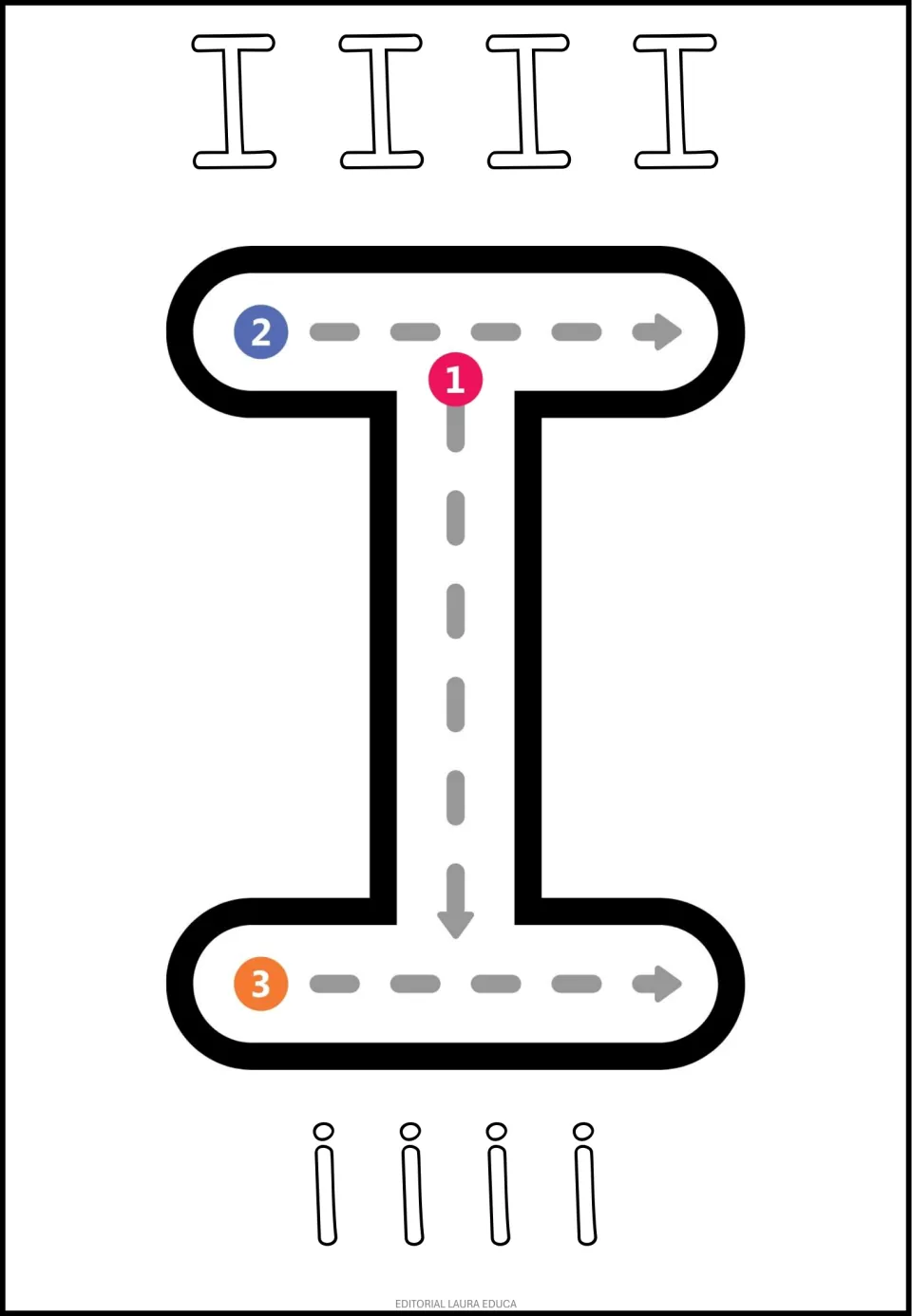 Spanish vowel I tracing and coloring sheet: large uppercase I with three numbered strokes and smaller I and i