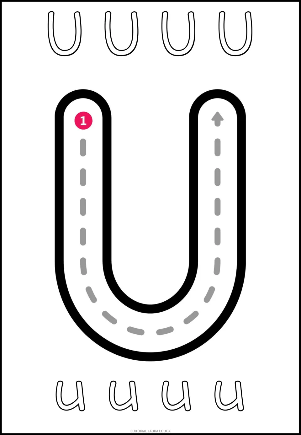 Spanish vowel U tracing and coloring sheet: large uppercase U with a numbered tracing guide and smaller U and u