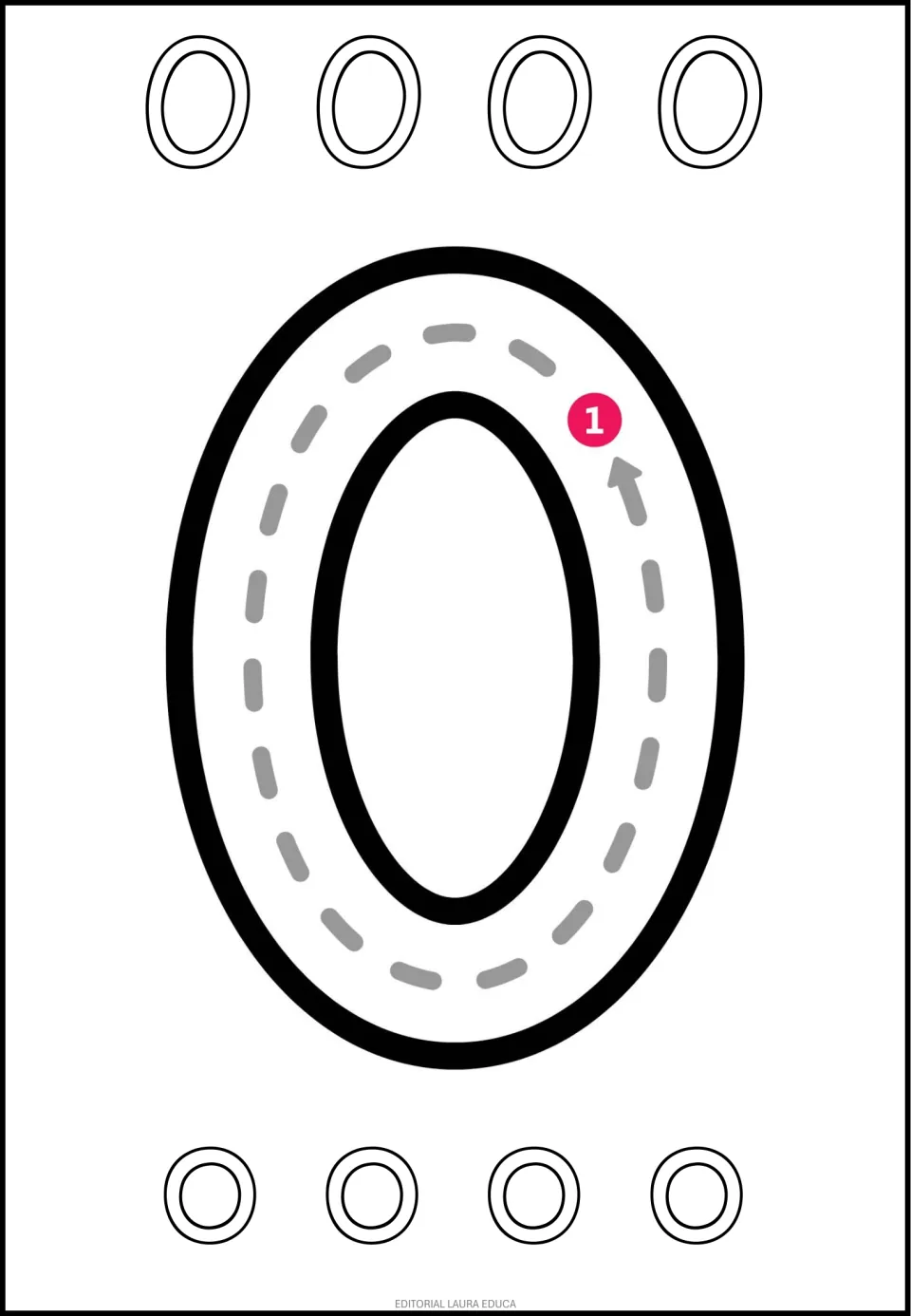 Spanish vowel O tracing and coloring sheet: large uppercase O with a numbered tracing guide and smaller O and o