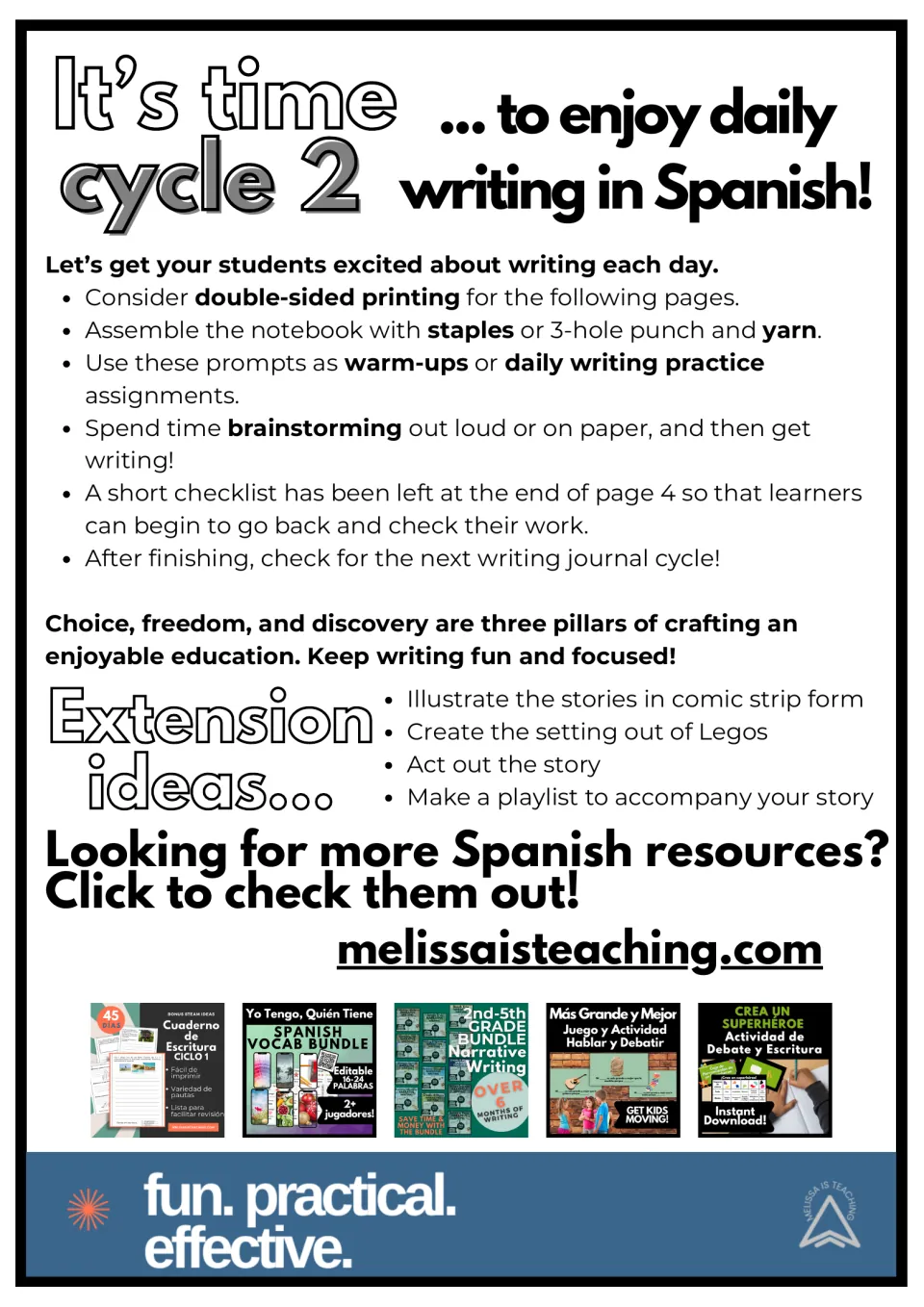 Teacher notes for cycle 2 Spanish daily writing: printing and assembly tips plus extension ideas like comic strips