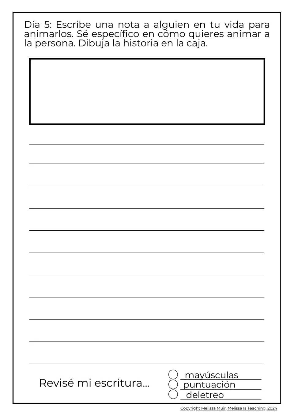 Día 5 encouragement note: students write a specific note in Spanish to cheer up someone in their life and draw the story