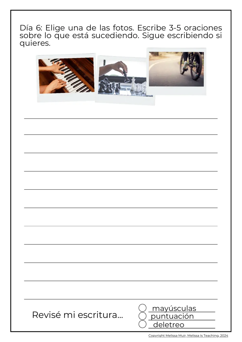 Día 6 photo prompt: students pick piano playing, chess or cycling and write 3 to 5 Spanish sentences describing the action