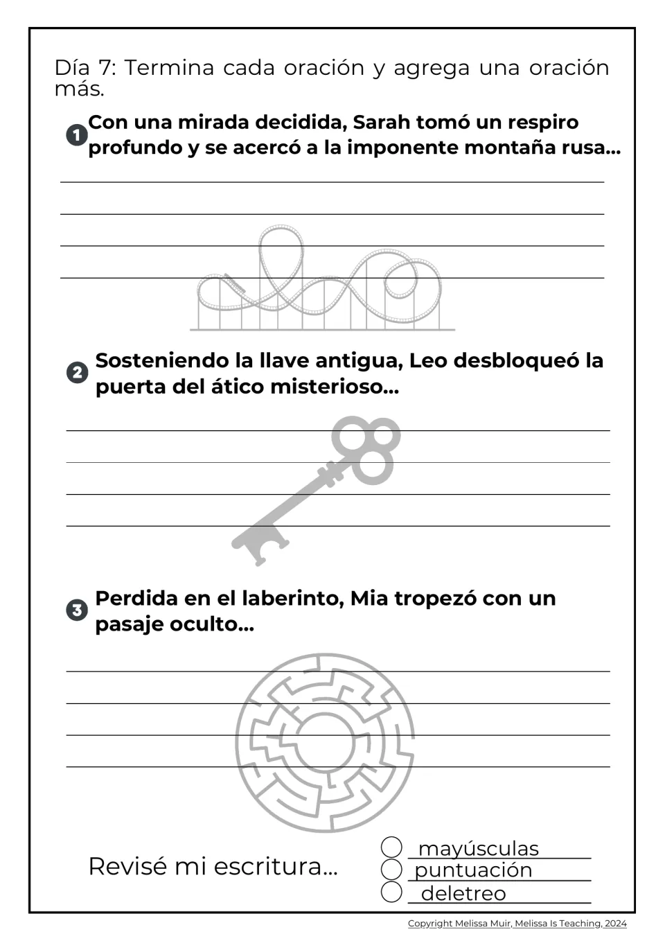 Día 7 story starters: students finish three sentences about a roller coaster, an attic key and a maze, then add one more