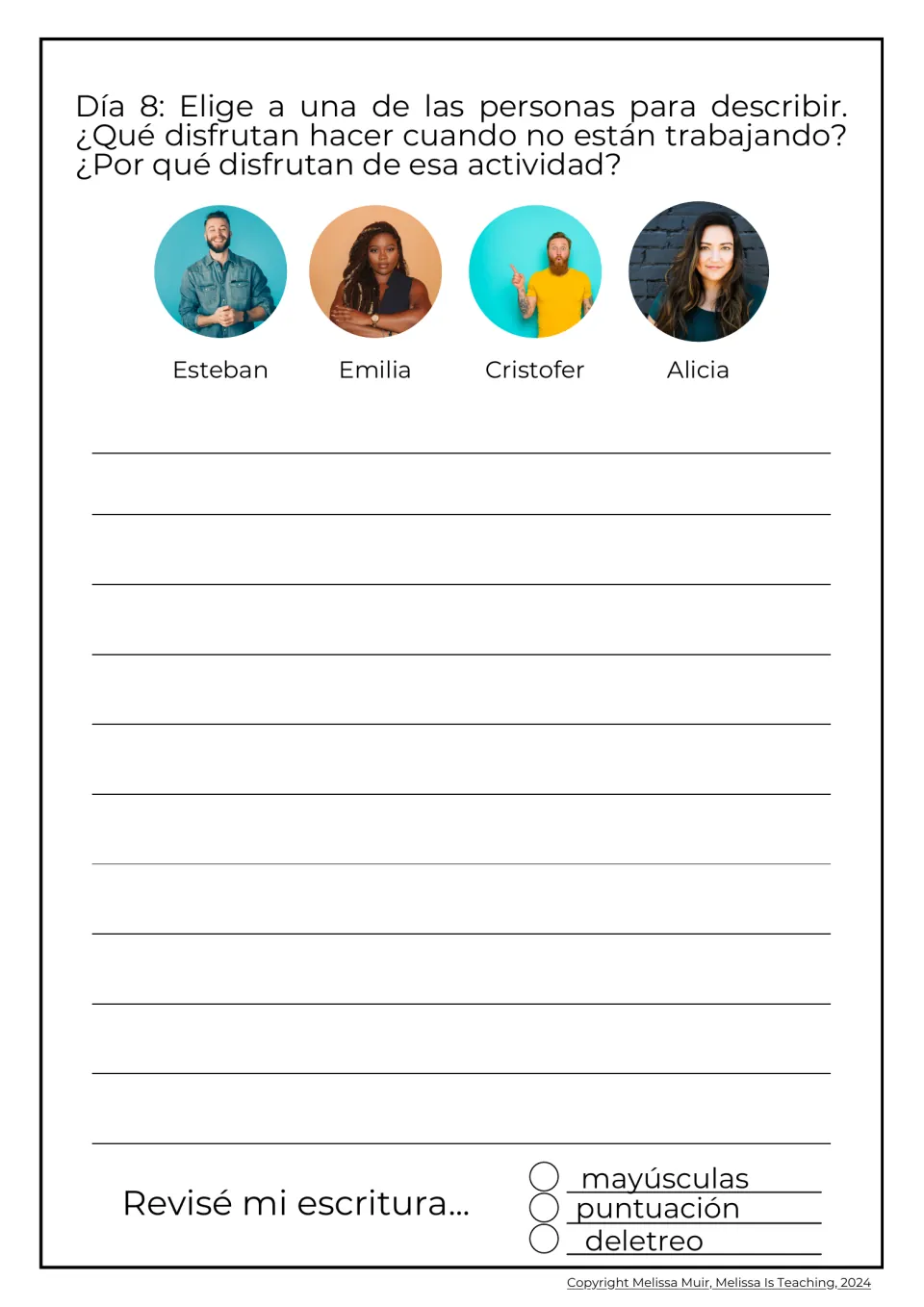 Día 8 character prompt: students pick Esteban, Emilia, Cristofer or Alicia and describe their free-time hobby and why