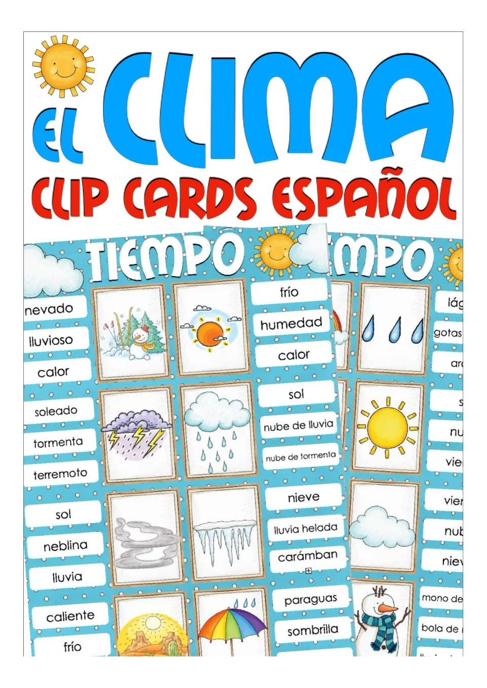 El Clima Clip Cards Español cover showing El Tiempo picture cards, each with three Spanish weather words to choose from
