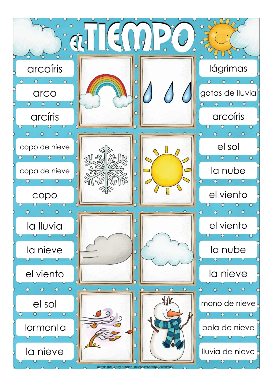 El Tiempo clip cards: students clip the Spanish word for rainbow, raindrops, snowflake, sun, wind, cloud and snowman