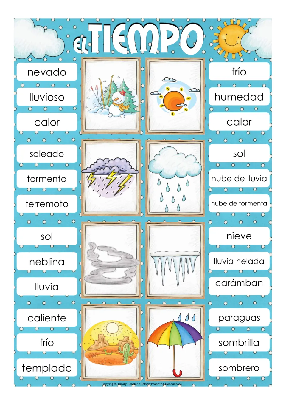 El Tiempo clip cards: students choose the Spanish word for snowy, sunny, storm, rain cloud, fog, icicles and umbrella