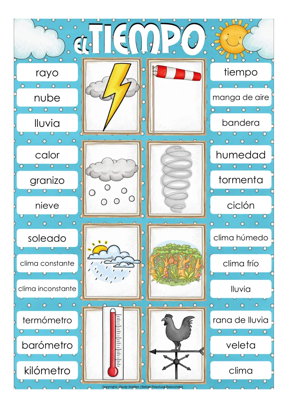 Weather terms clip cards: students pick the Spanish word for lightning, windsock, cyclone, thermometer and weather vane