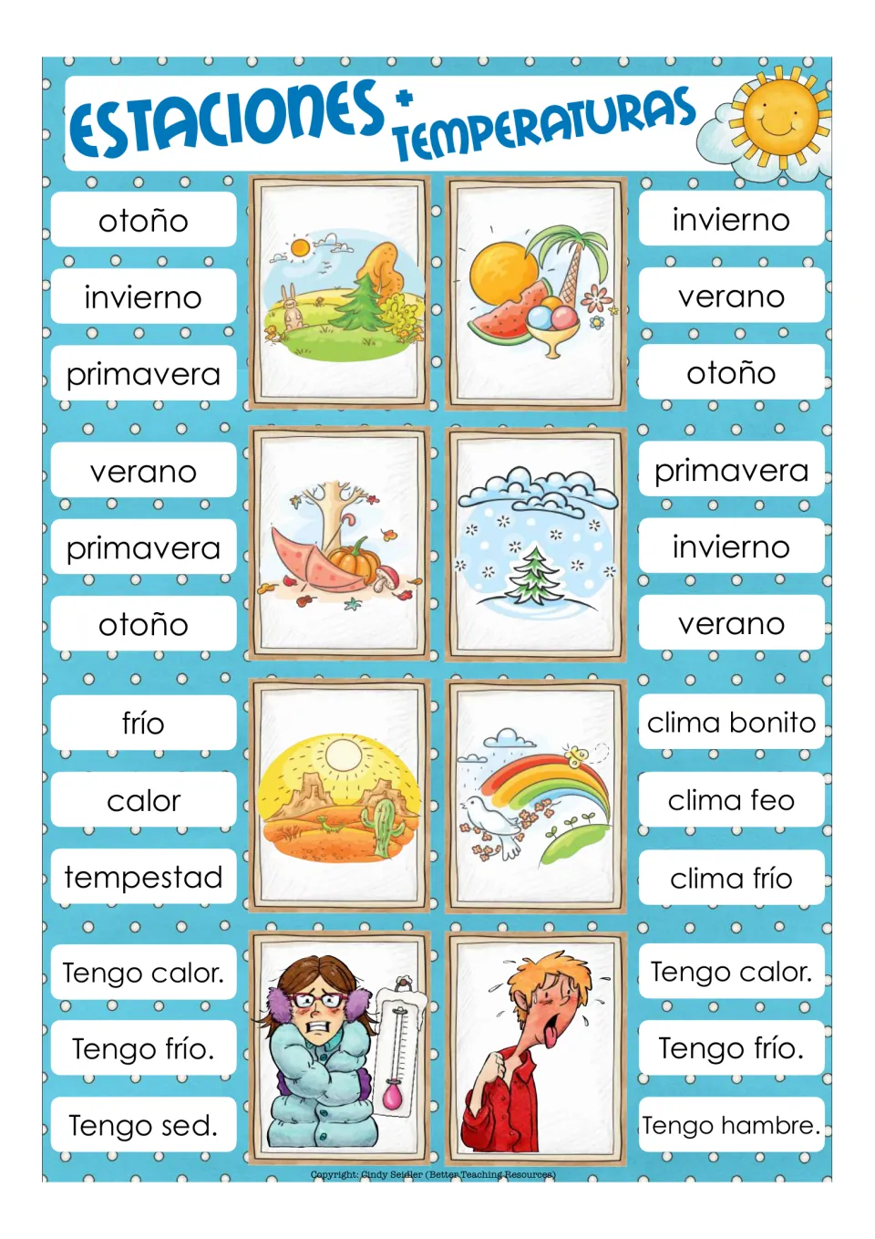 Estaciones + Temperaturas clip cards: students match the seasons, frío, calor, clima bonito, Tengo frío and Tengo calor