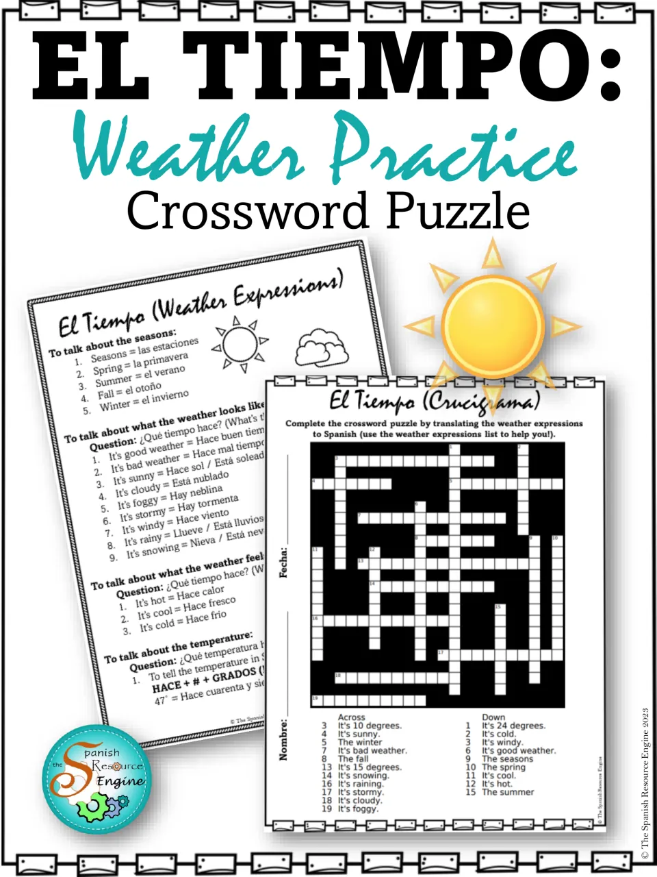 El Tiempo: Weather Practice crossword cover showing the Spanish weather expressions list and the crucigrama with clues