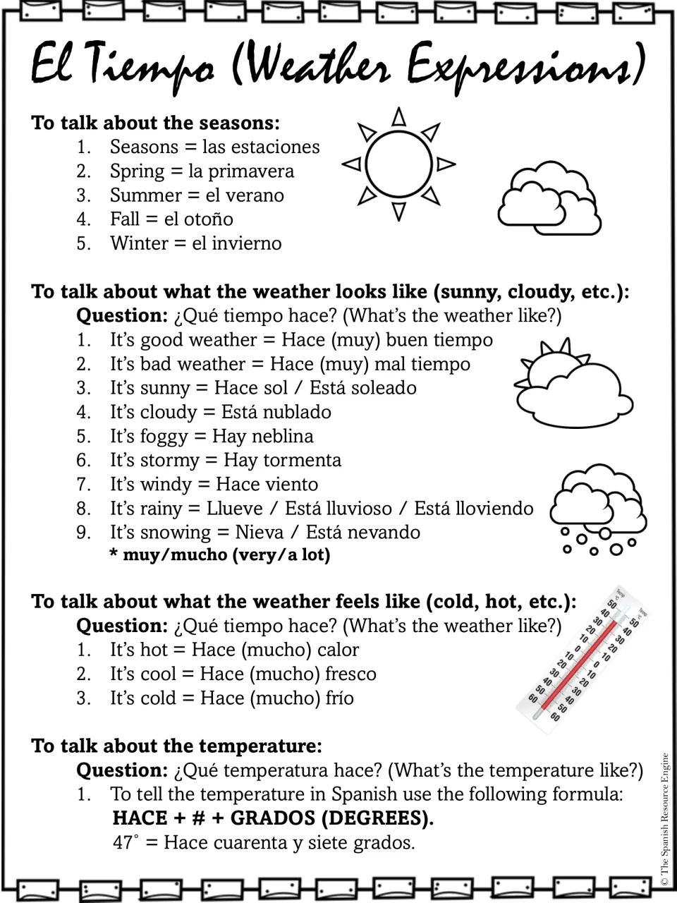 Spanish weather expressions list: seasons, ¿Qué tiempo hace? phrases, hot and cold, and the hace + # + grados formula