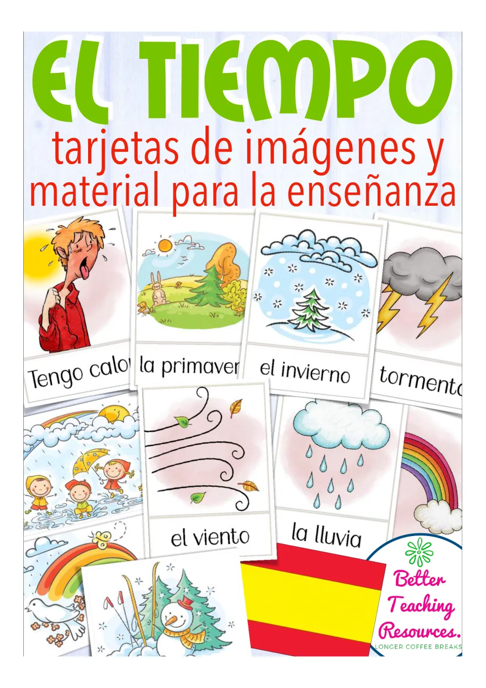 El tiempo cover: Spanish weather picture cards and teaching material, showing cards such as la primavera and la lluvia