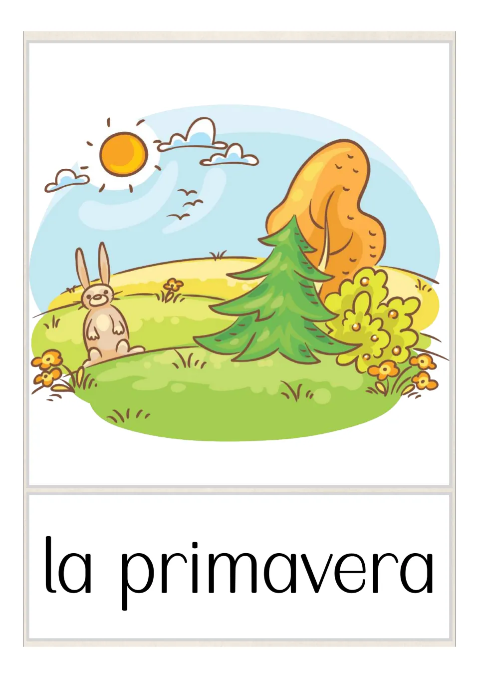 Spanish spring card: 'la primavera' under a sunny meadow with a rabbit, fir tree and flowers for naming the season