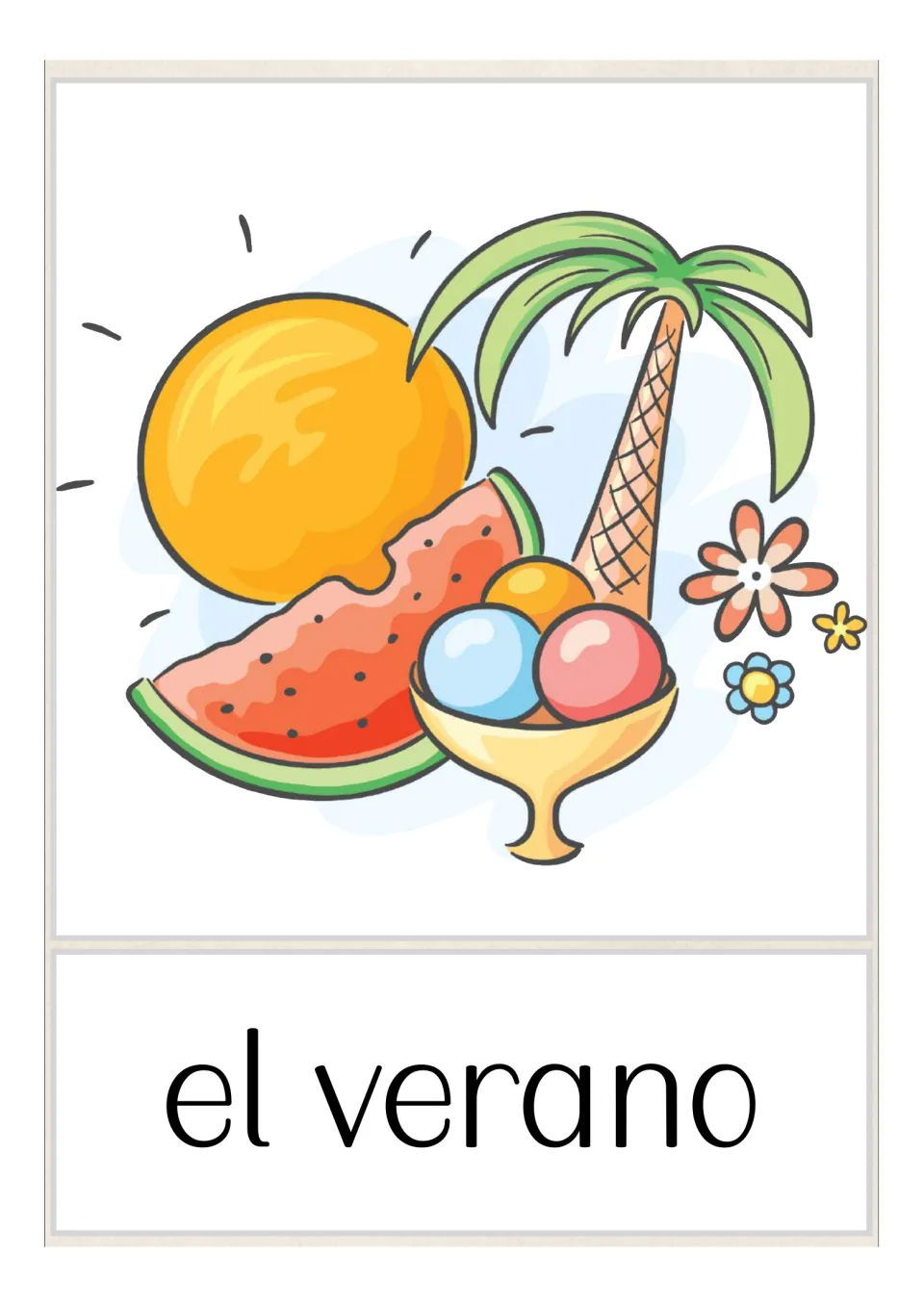 Summer in Spanish: 'el verano' with the sun, a watermelon slice, palm tree and bowl of ice cream for word recall