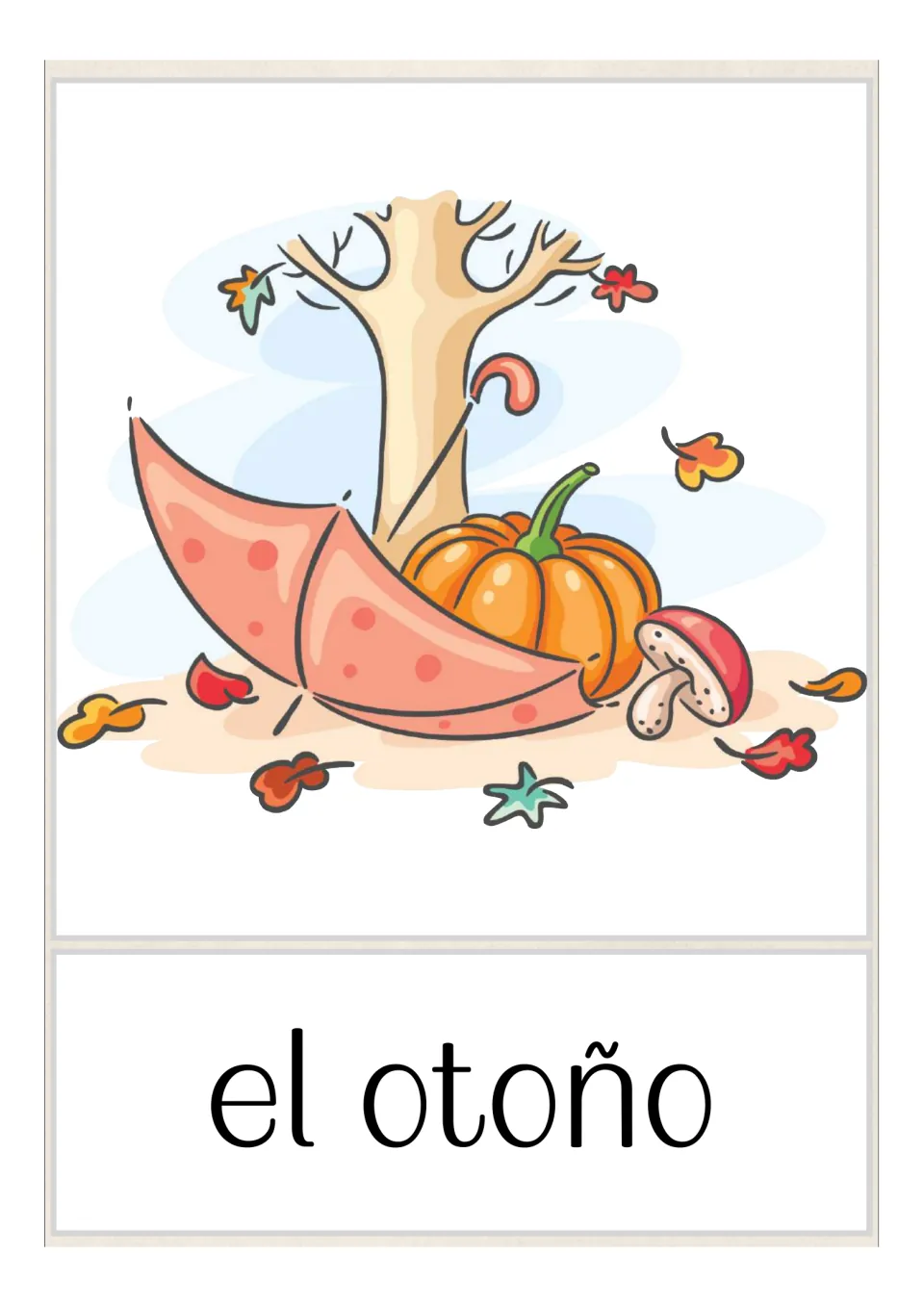 Autumn word card reading 'el otoño' with a bare tree, leaves, umbrella, pumpkin and mushroom to link word and season