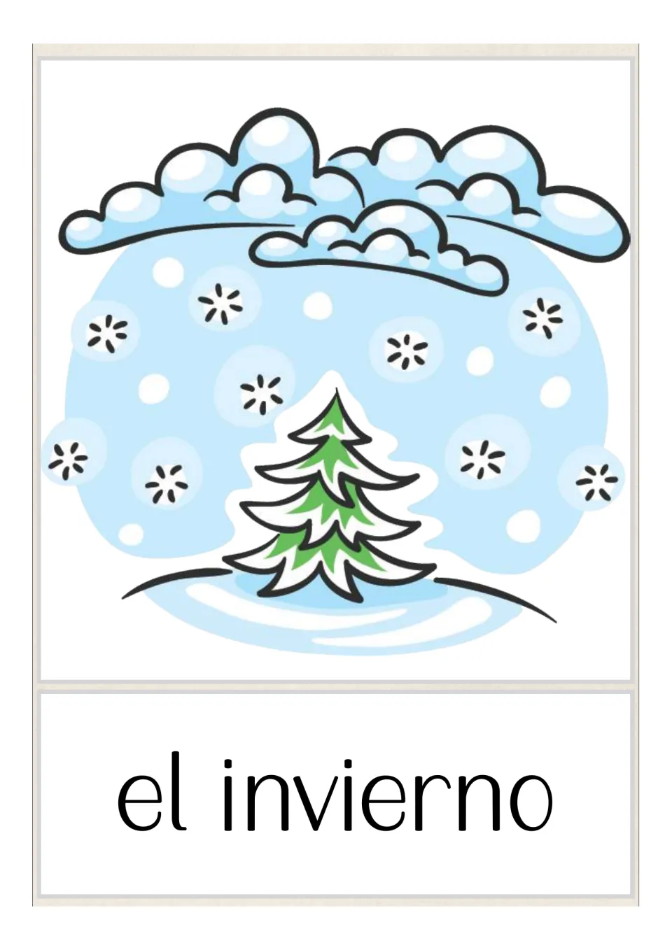 Winter vocabulary: 'el invierno' printed below snowflakes falling from clouds onto a snowy fir tree, for season practice