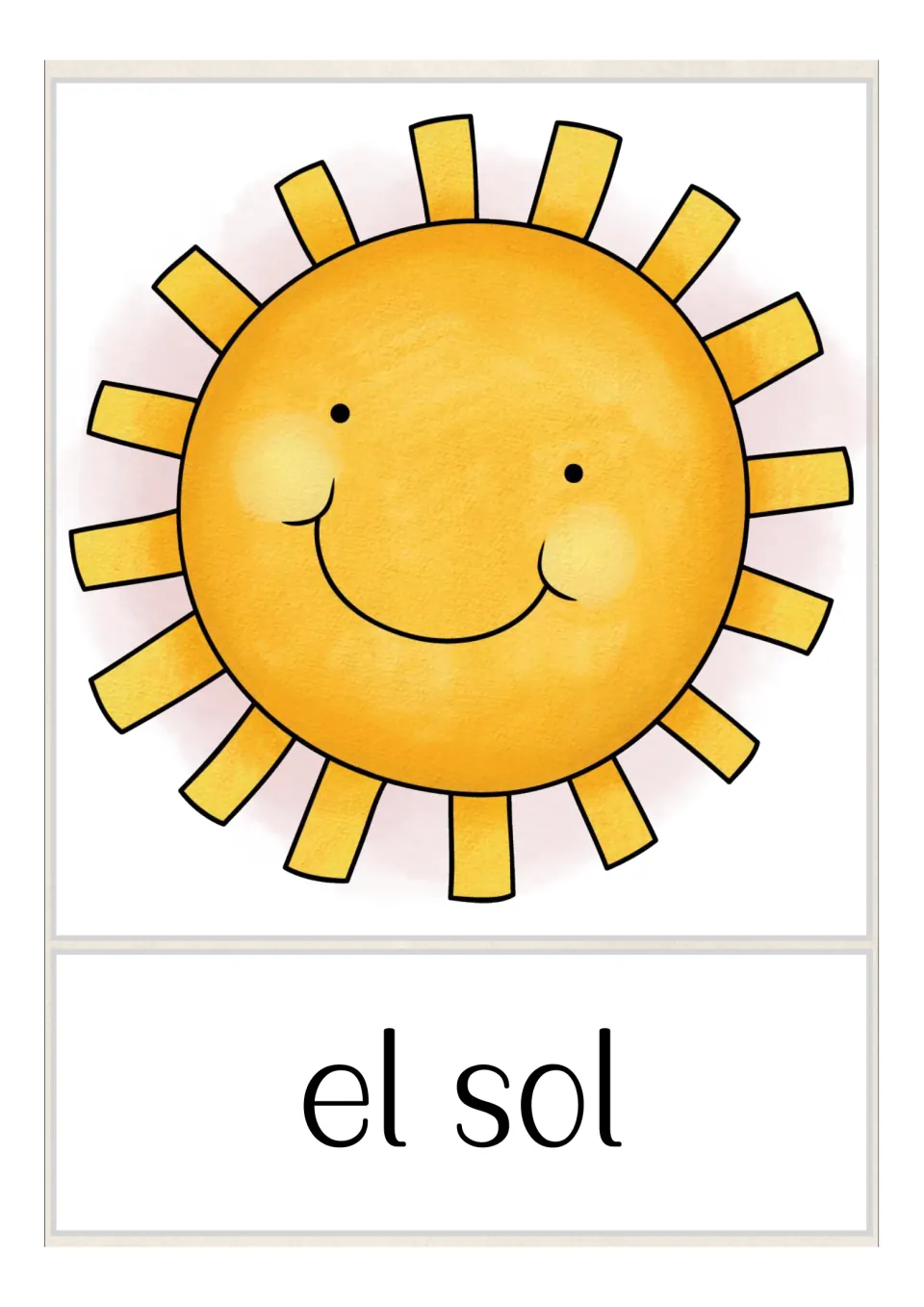 Sun card: a smiling cartoon sun above the Spanish words 'el sol' so students can say and recognize this weather word