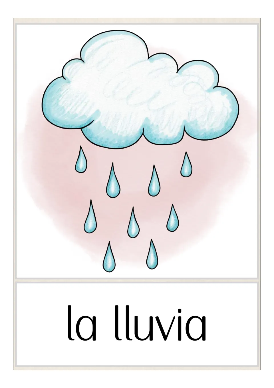 Rain in Spanish: a cloud with falling raindrops above the label 'la lluvia' for students to name and identify the weather