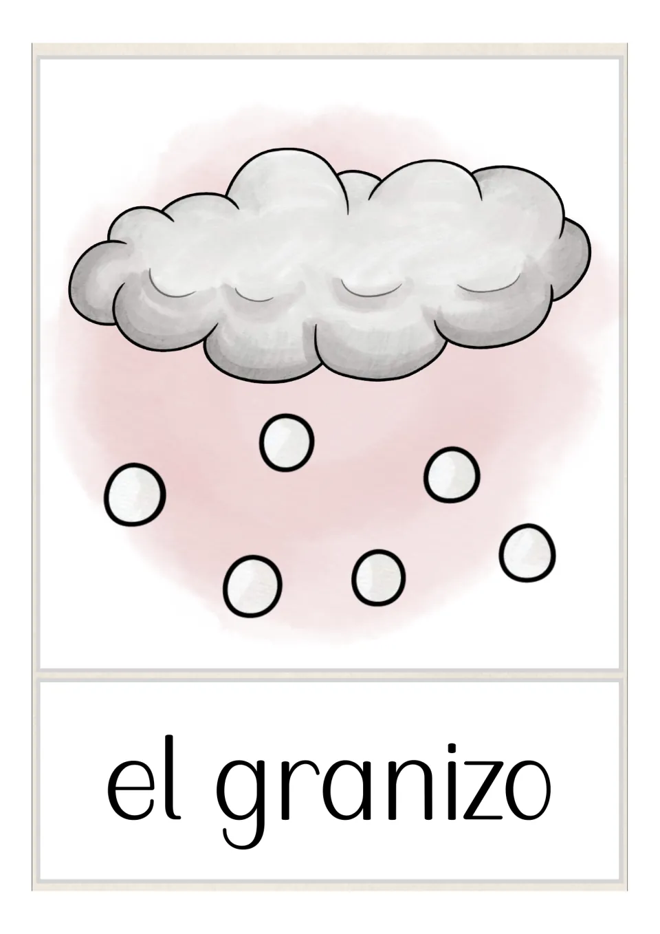 Hail card: a gray cloud dropping round white hailstones over the Spanish word 'el granizo' for weather vocabulary recall