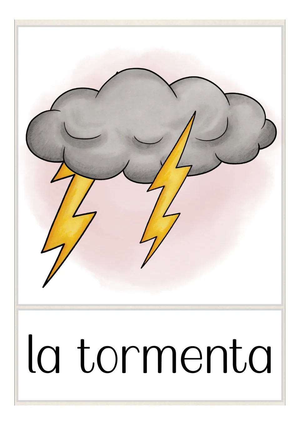 Storm vocabulary: a dark gray cloud with two lightning bolts above 'la tormenta' for students to name stormy weather