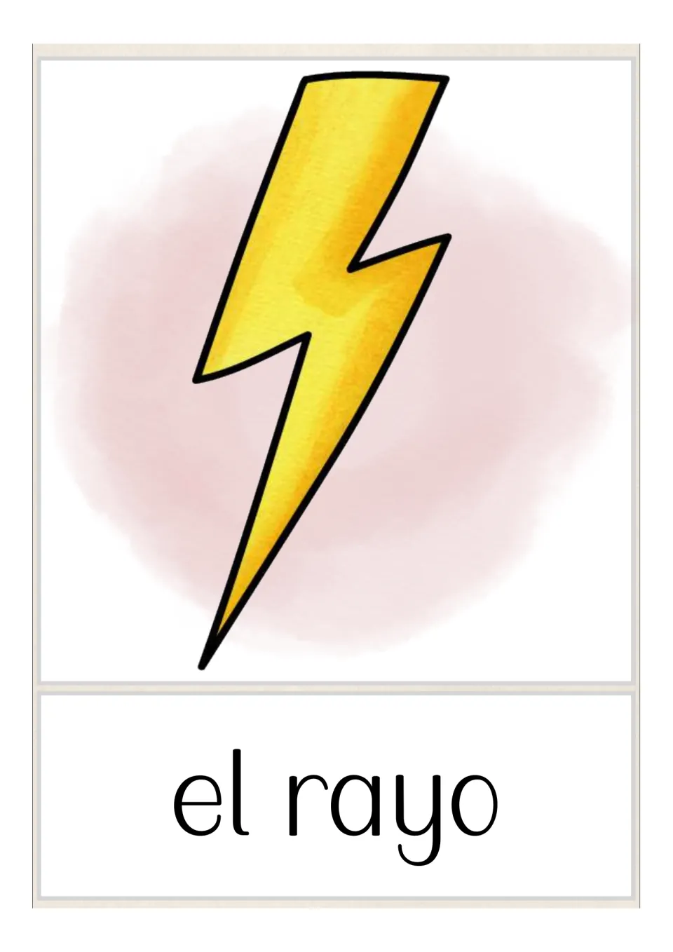 Lightning card: one yellow lightning bolt pictured over the Spanish label 'el rayo' for picture-word matching practice