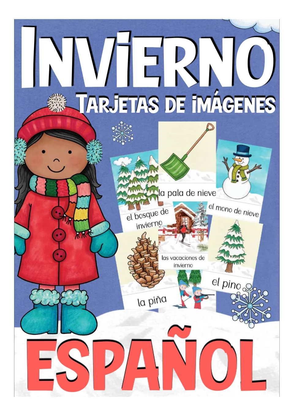 Cover of the Spanish winter flashcard resource, labeled 'Invierno' (winter), with sample vocabulary cards
