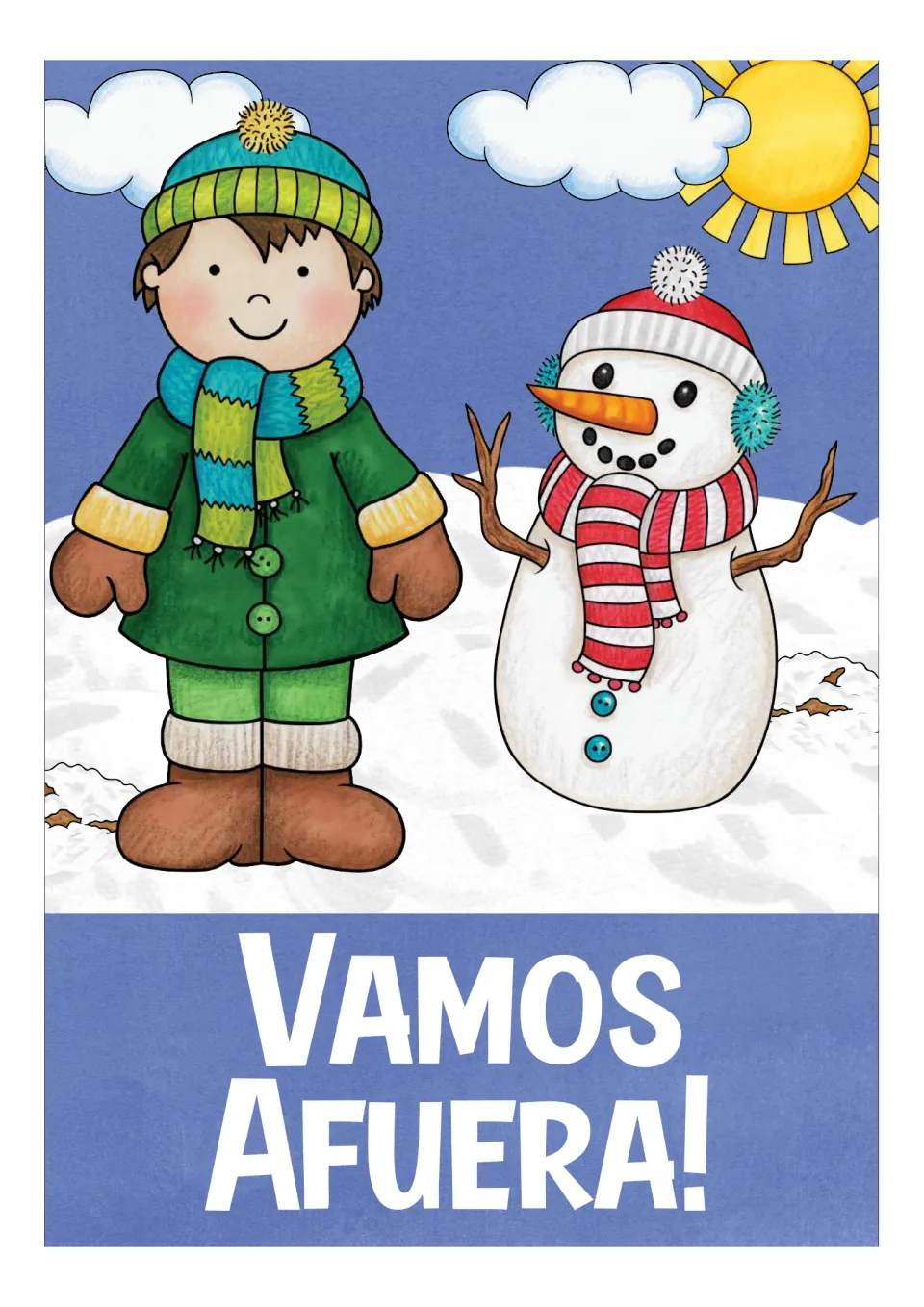 Introductory page for the winter flashcards: 'Vamos afuera!' (Let's go outside!), with a child and snowman